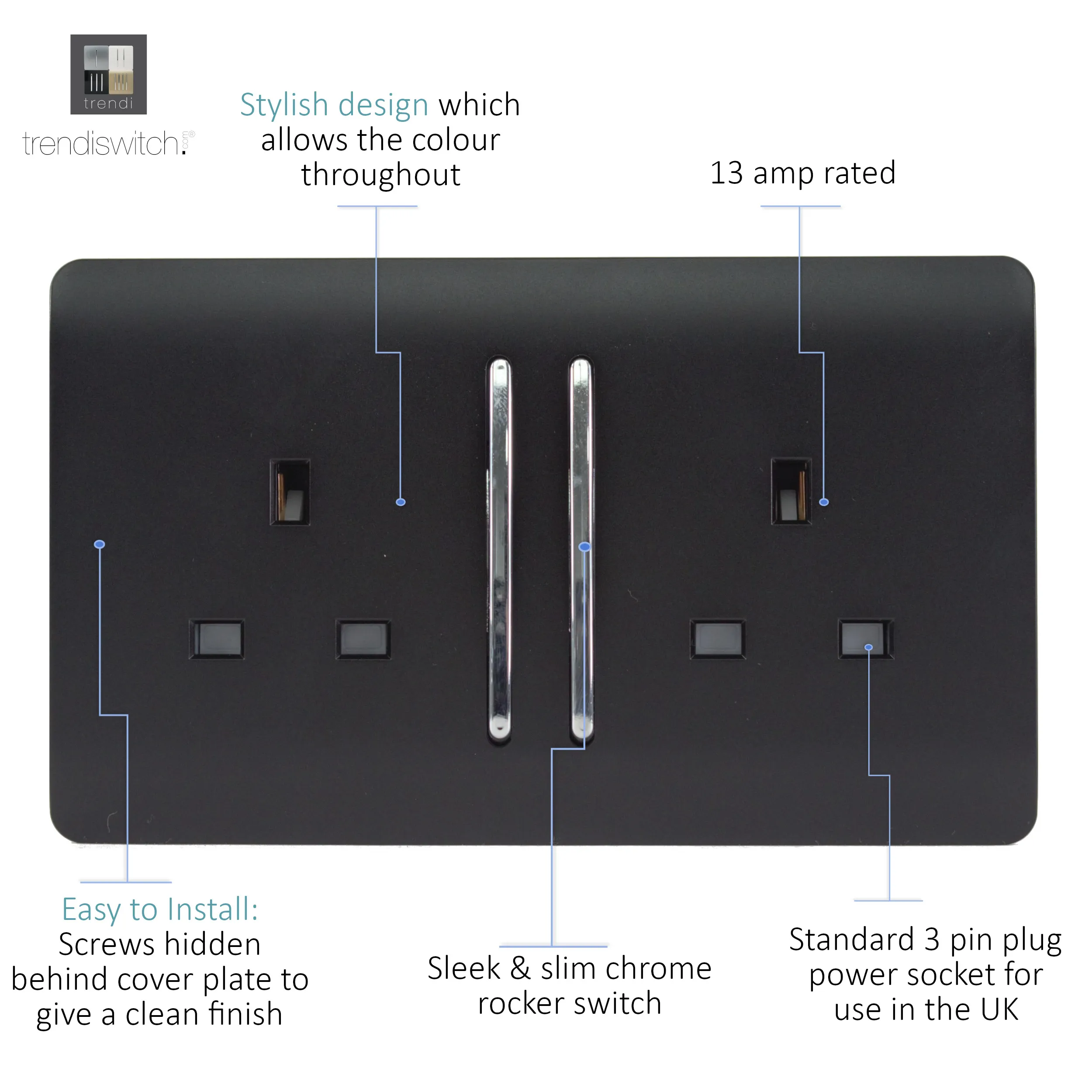 2 Gang 13Amp Long Switched Double Socket Matt Black ART-SKT213LMBK  Trendi Matt Black
